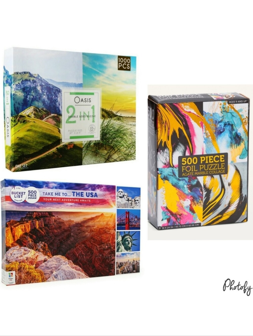 3 Puzzles - 2 in 1 Mountains & Beach / Agate Marble Gold Foil / USA Landscapes